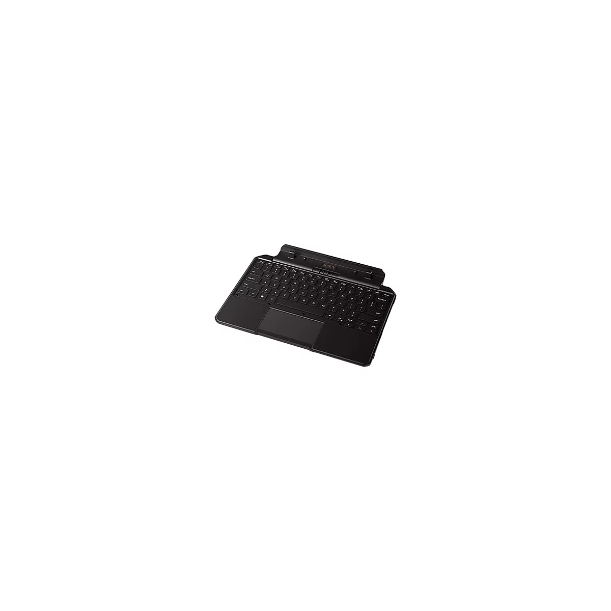Schwarze Tastatur-Dockingstation für ein Tablet mit Touchpad und Anschlussleiste vor weißem Hintergrund.