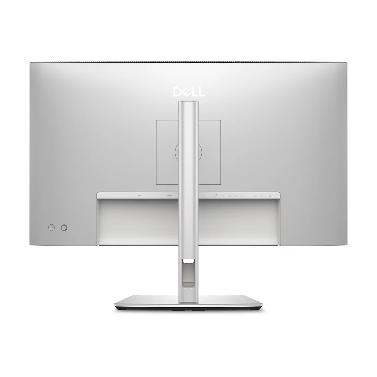 Arrière d'un moniteur Dell argenté, avec le logo Dell, les ports et le support.