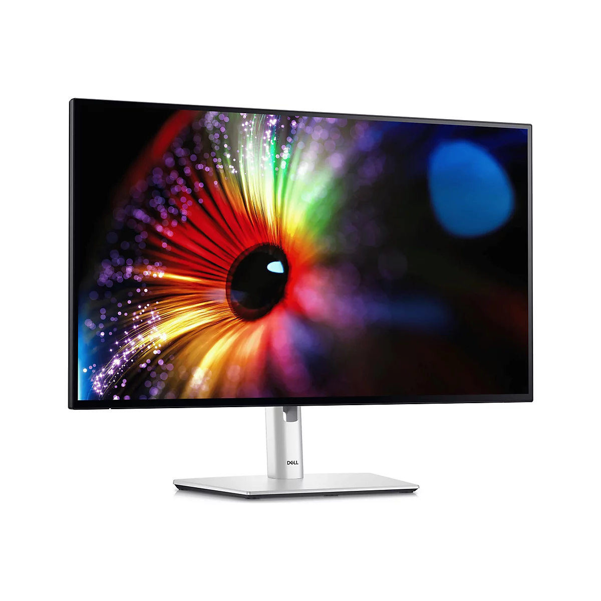 Ein Dell Monitor mit einem bunten, abstrakten Design auf dem Bildschirm. Der Bildschirm wird von einem silbernen Ständer gehalten.
