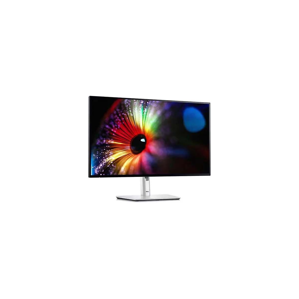Dell Monitor mit einem farbenfrohen, abstrakten Hintergrund, weißer Ständer, Frontansicht.
