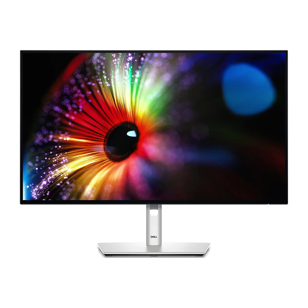 Monitor mit Regenbogenmuster. Auf dem Bildschirm ein farbenfrohes, abstraktes Design, das an ein Auge erinnert. Unterhalb des Bildschirms ist ein silberner Standfuß mit dem Dell Logo.