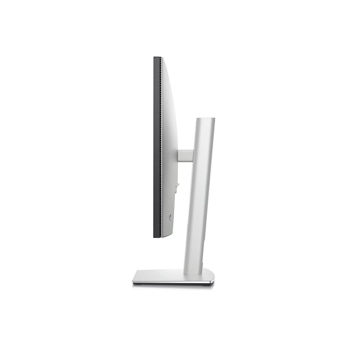 Vue latérale d'un moniteur argenté et élégant avec un cadre et un pied noirs.