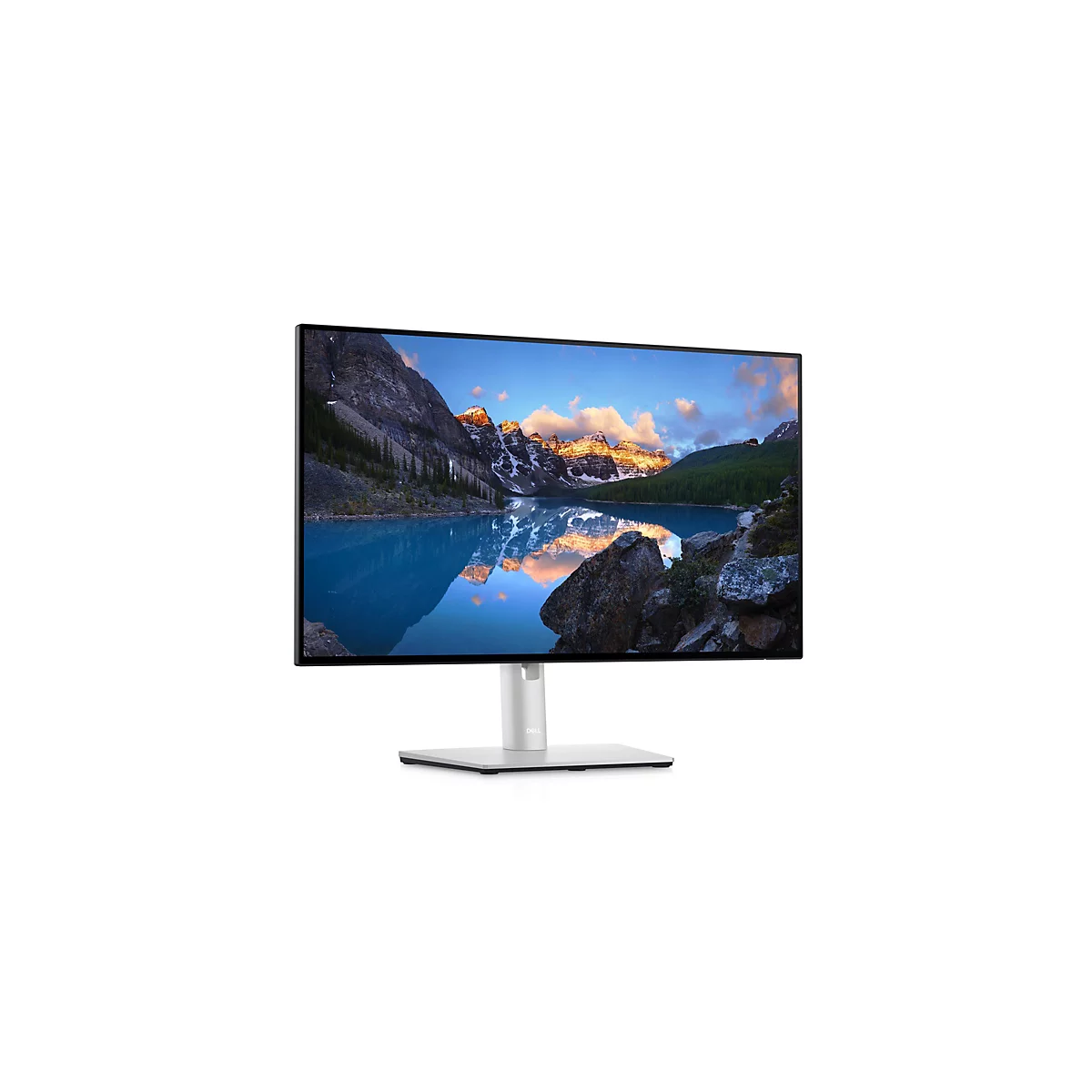 Ein Dell-Monitor, der einen Bergsee mit Bergen im Hintergrund zeigt.
