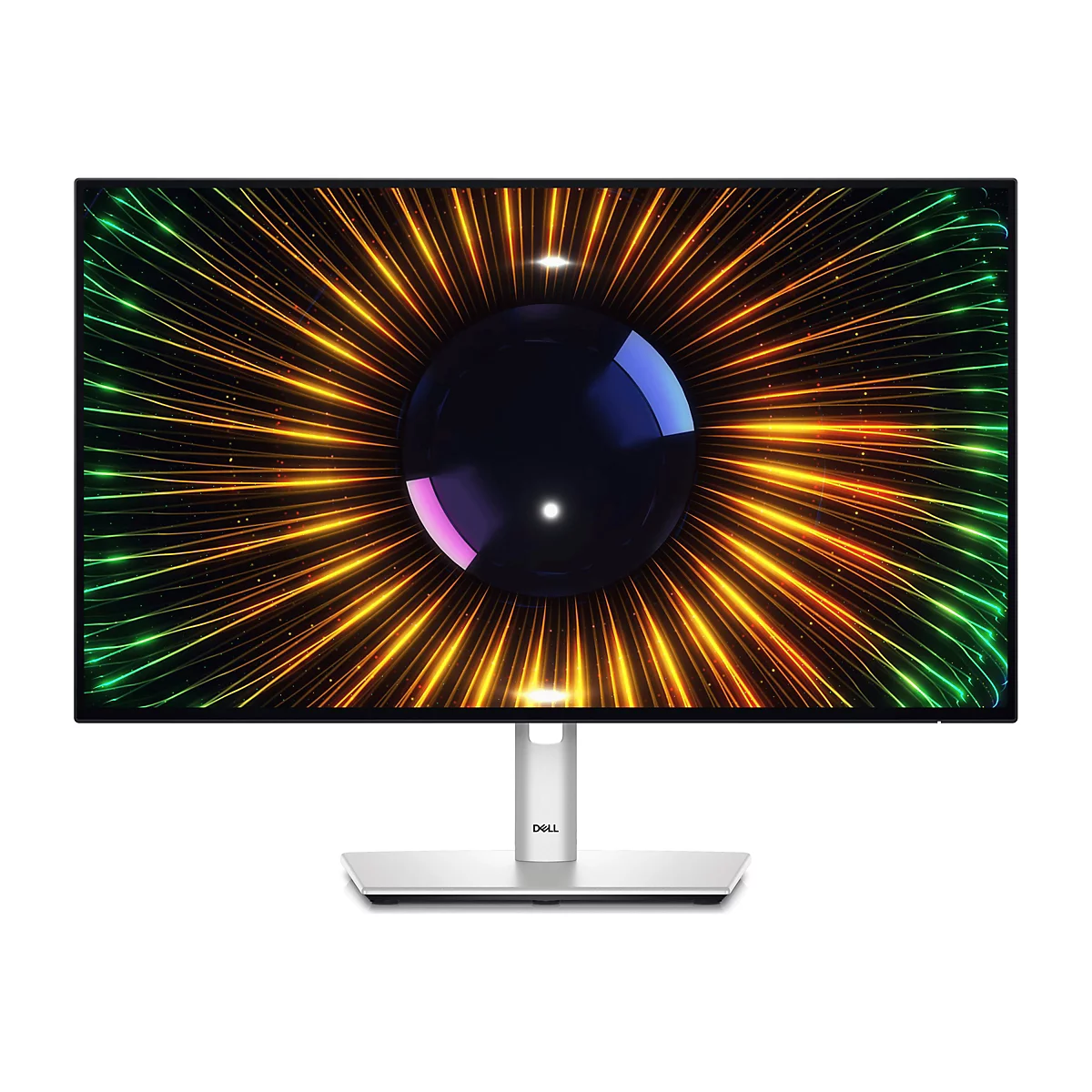 Ein Dell Monitor mit einem bunten Bildschirmhintergrund. Der Standfuß und der Rahmen sind silberfarben.