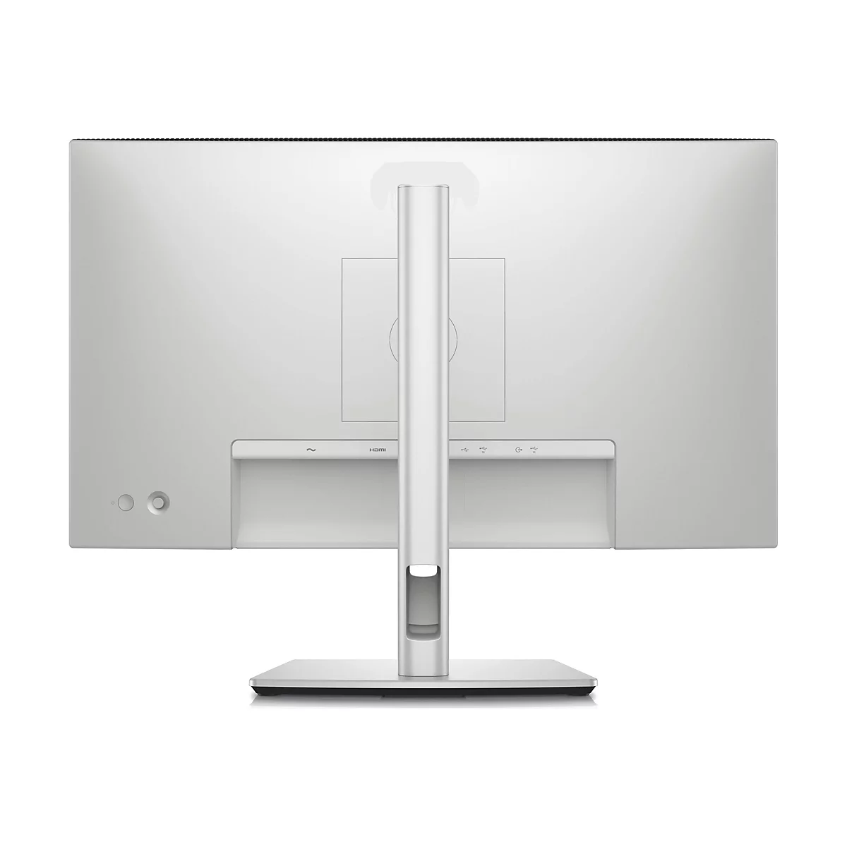 Rückseite eines weißen Monitors auf weißem Hintergrund. Anschlüsse für HDMI und USB. Der Standfuß hat eine rechteckige Form.