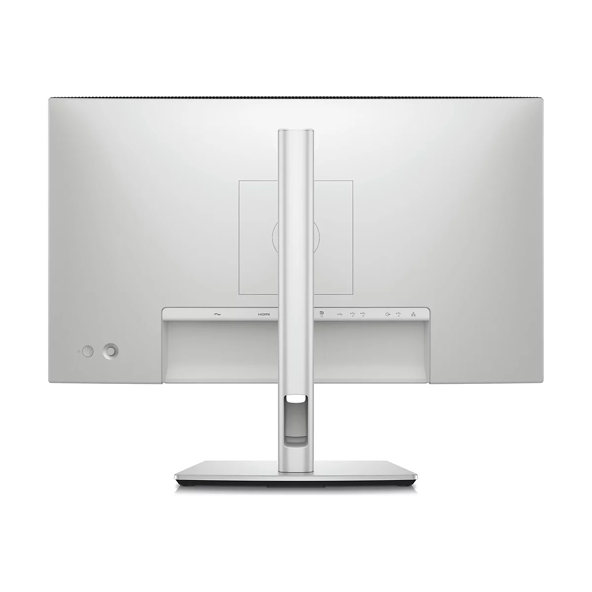 Rückseite eines hellgrauen Monitors. Mit HDMI-Anschluss, Stromanschluss und anderen Anschlüssen. Der Standfuß ist silberfarben.