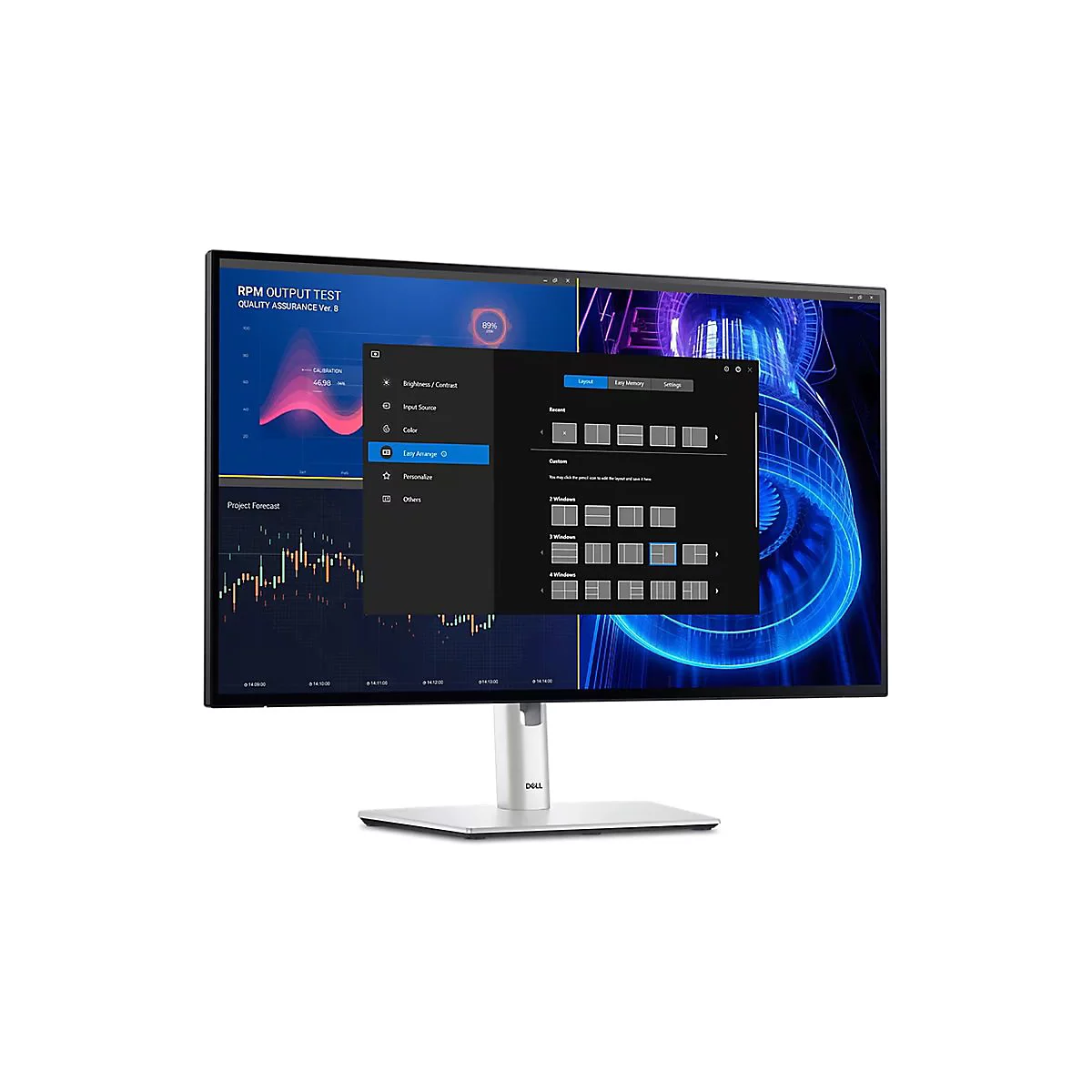Ein Dell-Monitor zeigt ein Menü mit Optionen wie Helligkeit, Kontrast und Layout-Einstellungen. Der Monitor hat einen silbernen Standfuß.