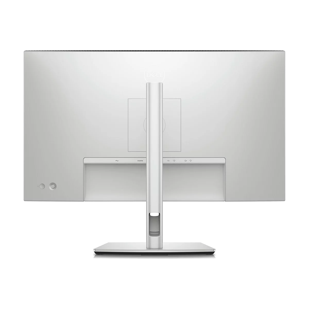 Rückansicht eines silberfarbenen Dell-Monitors mit Standfuß, der auf weißem Hintergrund steht.