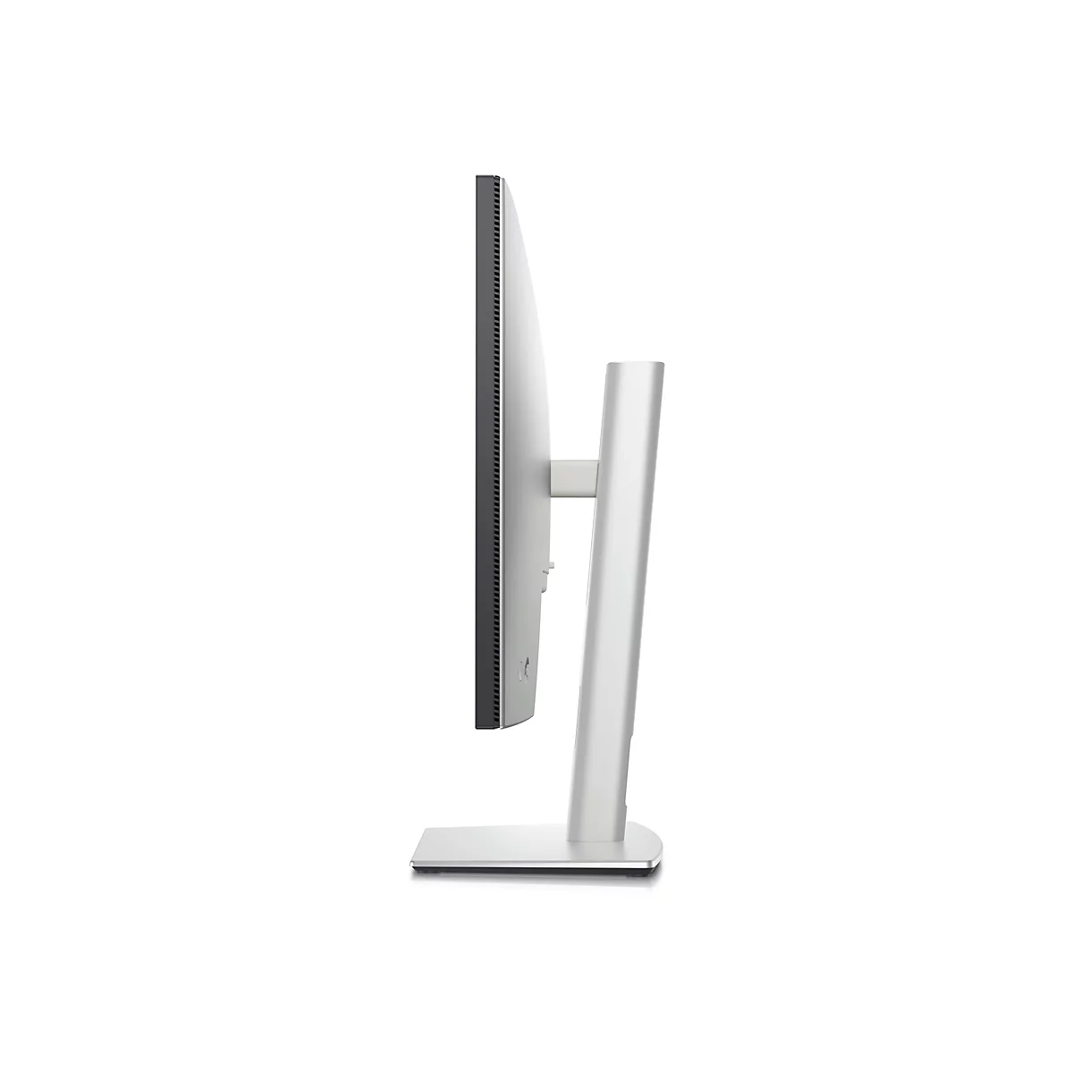 Vue latérale d'un moniteur argenté et élégant sur fond blanc. La bordure de l'écran est noire.