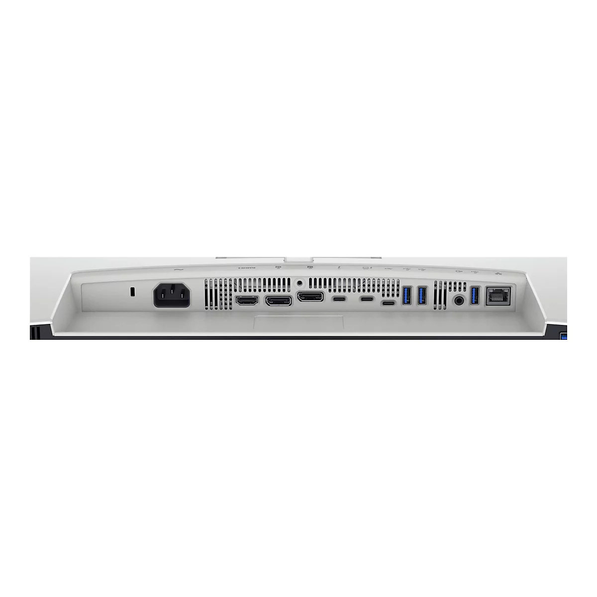 Rückseite eines weißen Monitors mit verschiedenen Anschlüssen: Stromanschluss, HDMI, USB, Audio-Anschluss und Ethernet-Anschluss.