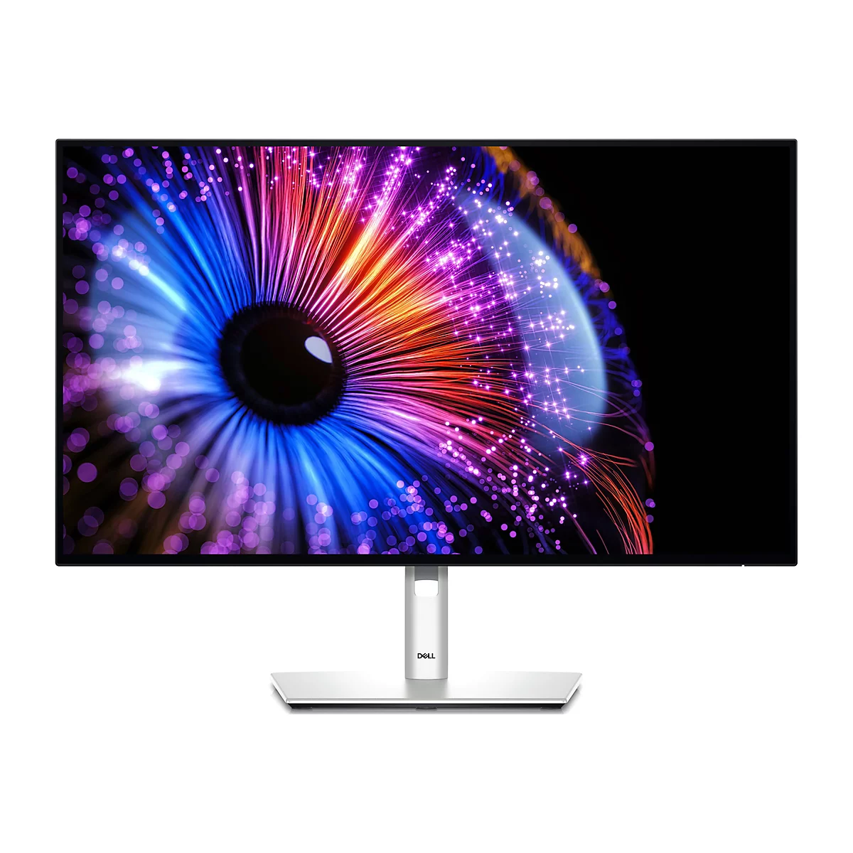 Ein Dell Monitor mit einem bunten, abstrakten Design auf dem Bildschirm. Der Standfuß und die Einfassung sind silbern.