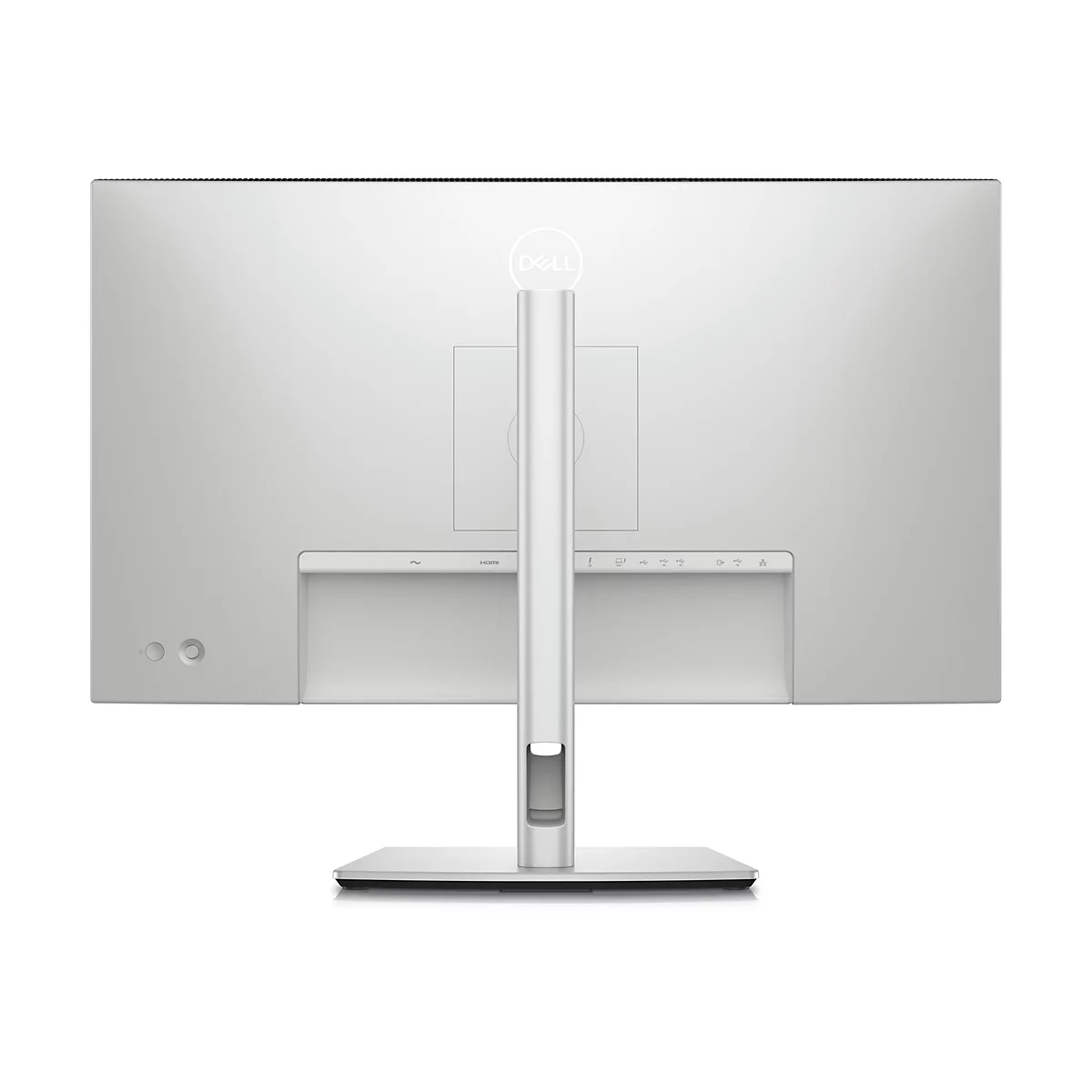 Rückseite eines silbernen Dell-Monitors mit dem Logo. Unten Anschlüsse, mittig ein Standfuß.