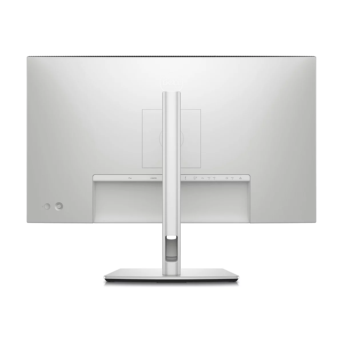 Rückansicht eines silbernen Dell-Monitors mit Standfuß. Anschlüsse und das Dell-Logo sind sichtbar.