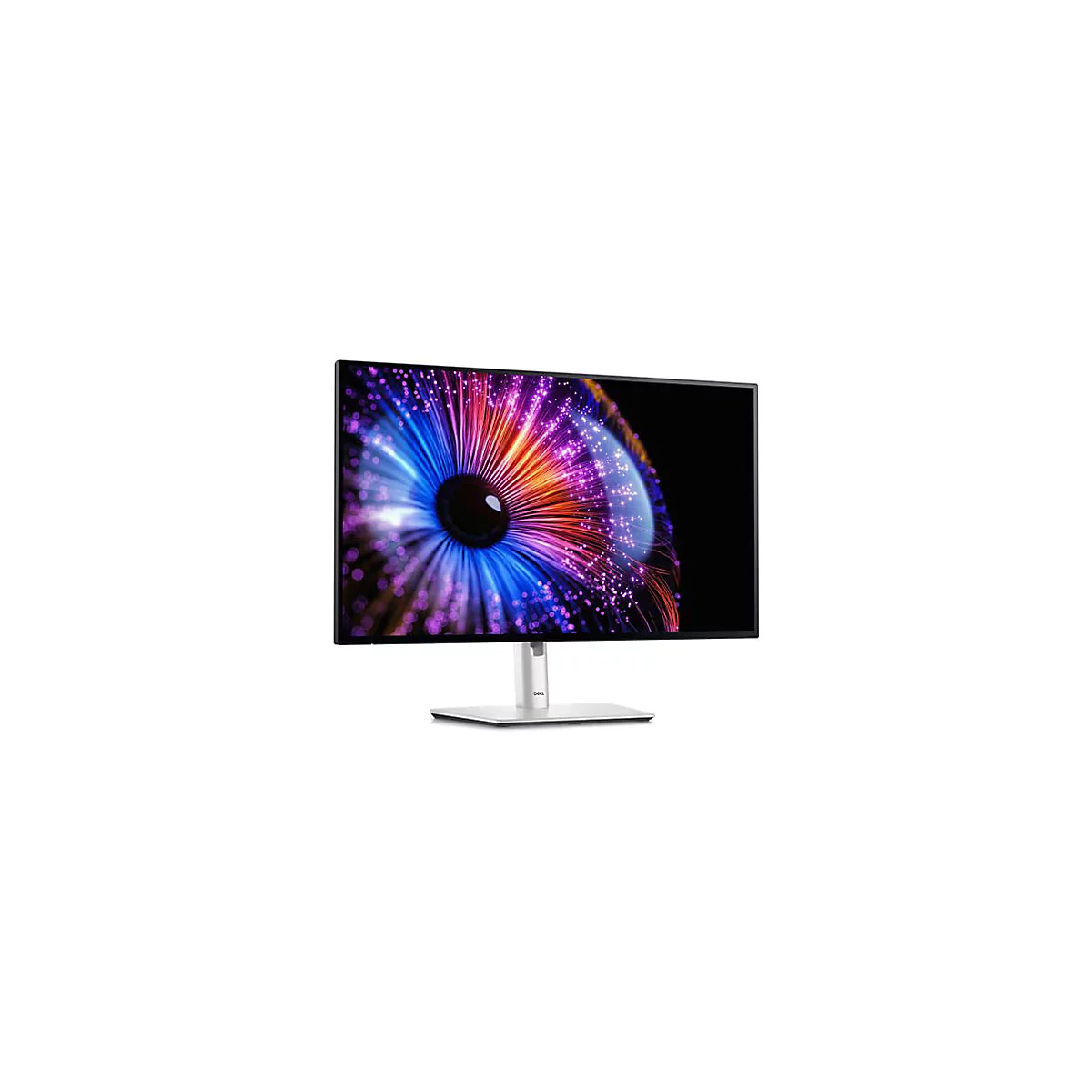 Ein Dell Monitor mit einem bunten Bildschirmhintergrund. Der Monitor steht auf einem silbernen Ständer. Der Hintergrund zeigt ein buntes Muster.