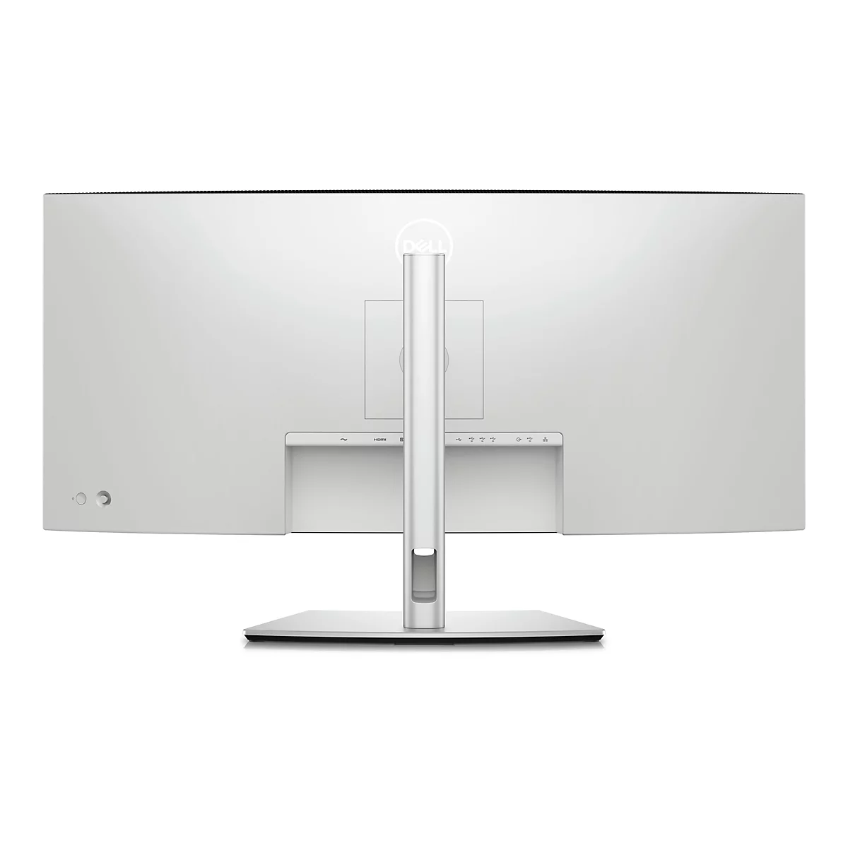 Vue arrière d'un moniteur Dell argenté. Il y a des ports en bas, un support au milieu et le logo Dell en haut.
