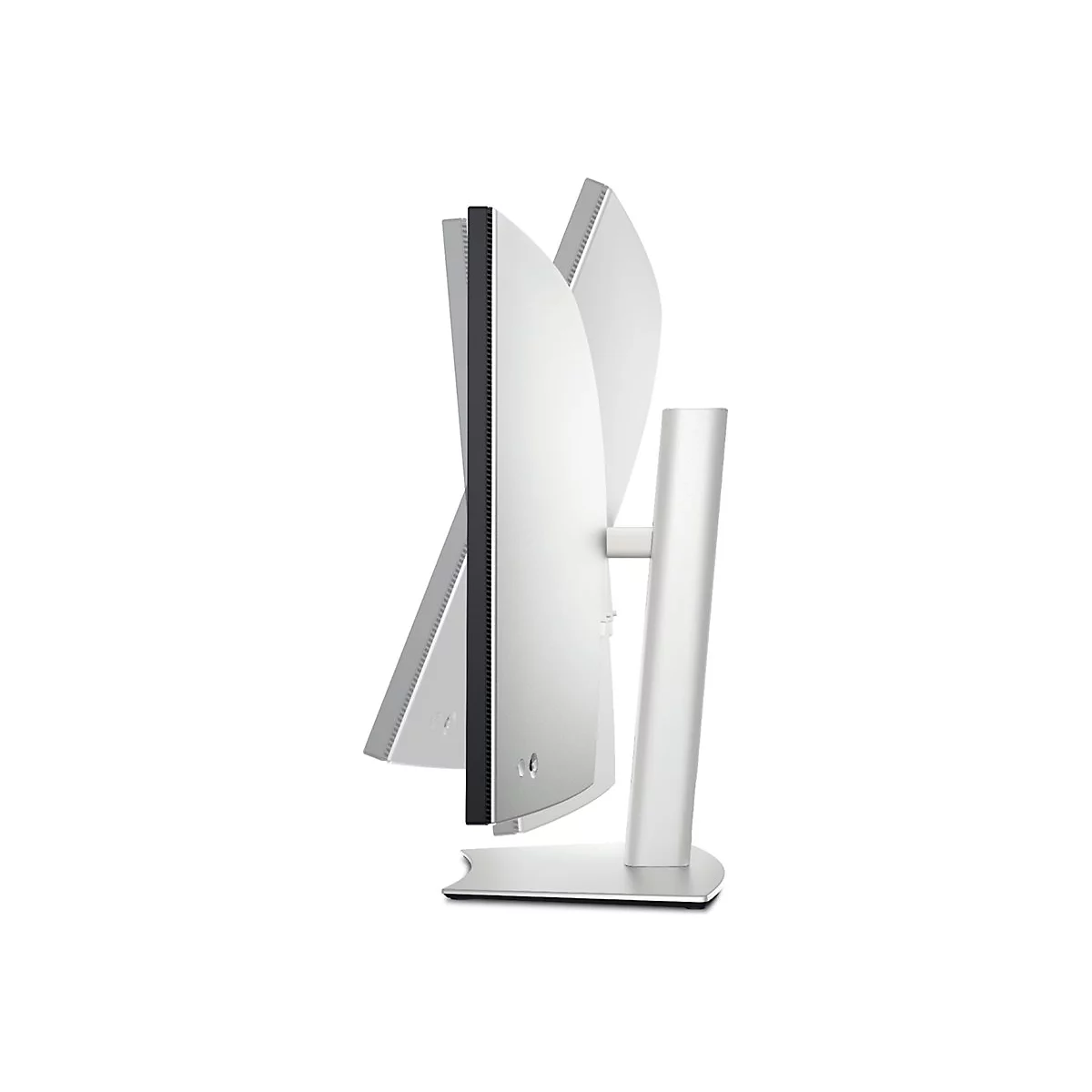 Vue latérale d'un moniteur argenté moderne avec un cadre étroit et un support pivotant. Fond blanc.