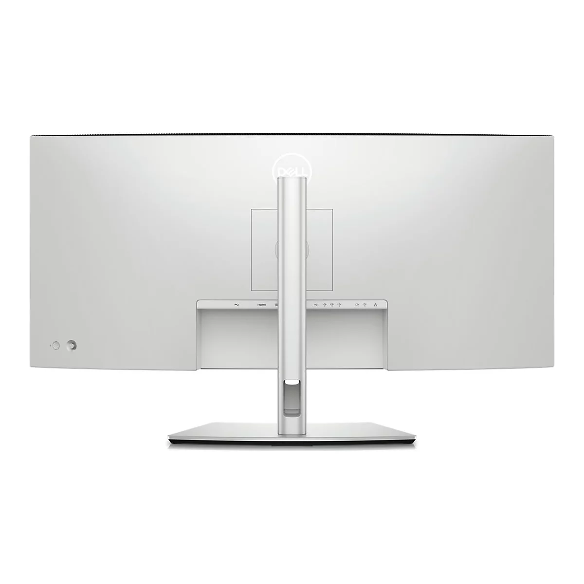 Rückseite eines weißen, gebogenen Dell-Monitors mit Standfuß. Anschlüsse und Knöpfe sind sichtbar.