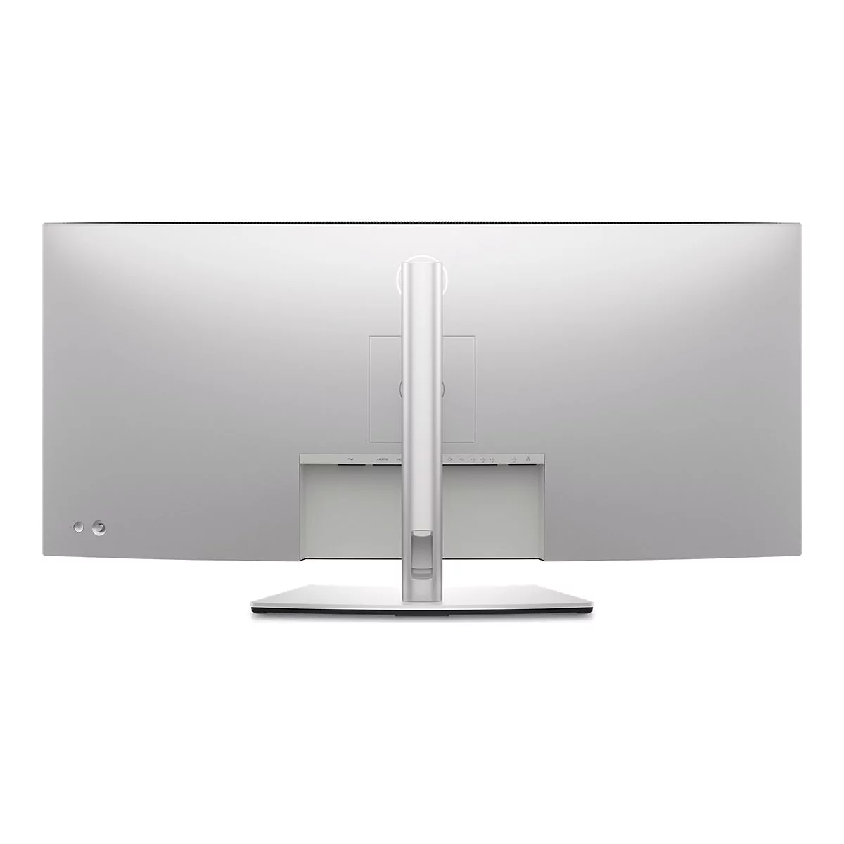 Rückansicht eines silbernen, gebogenen Monitors mit Ständer. Anschlüsse und Knöpfe sind sichtbar.