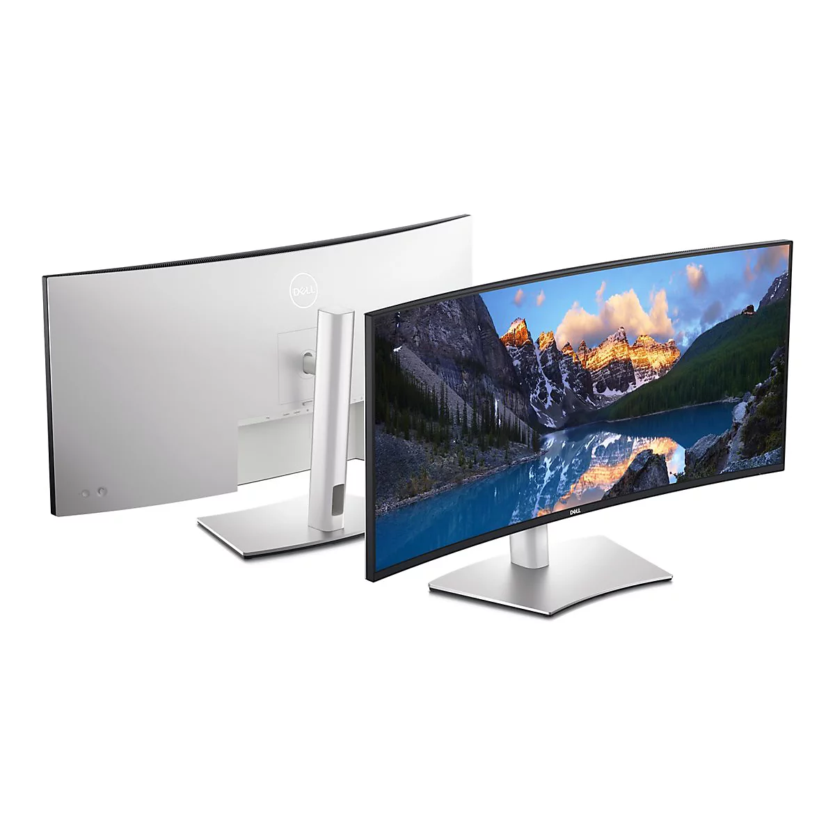 Zwei Dell-Monitore, einer von hinten, einer von vorne, mit Bergpanorama auf dem Bildschirm.