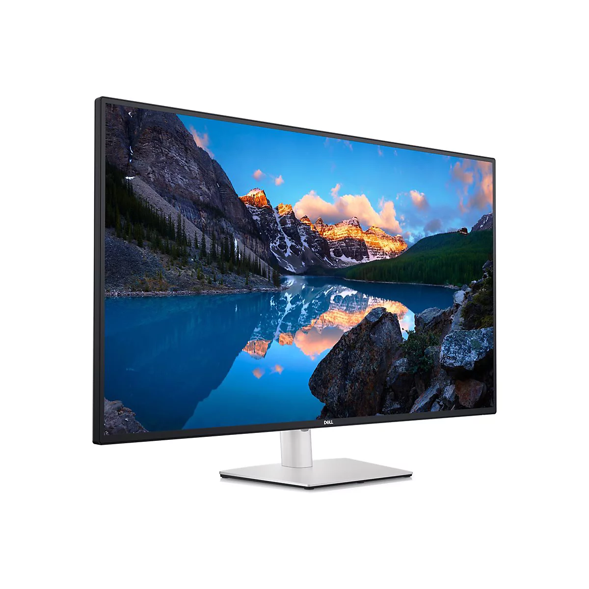 Ein Dell-Monitor zeigt ein Landschaftsbild mit Bergen, See und blauem Himmel. Er steht auf einem silbernen Standfuß.