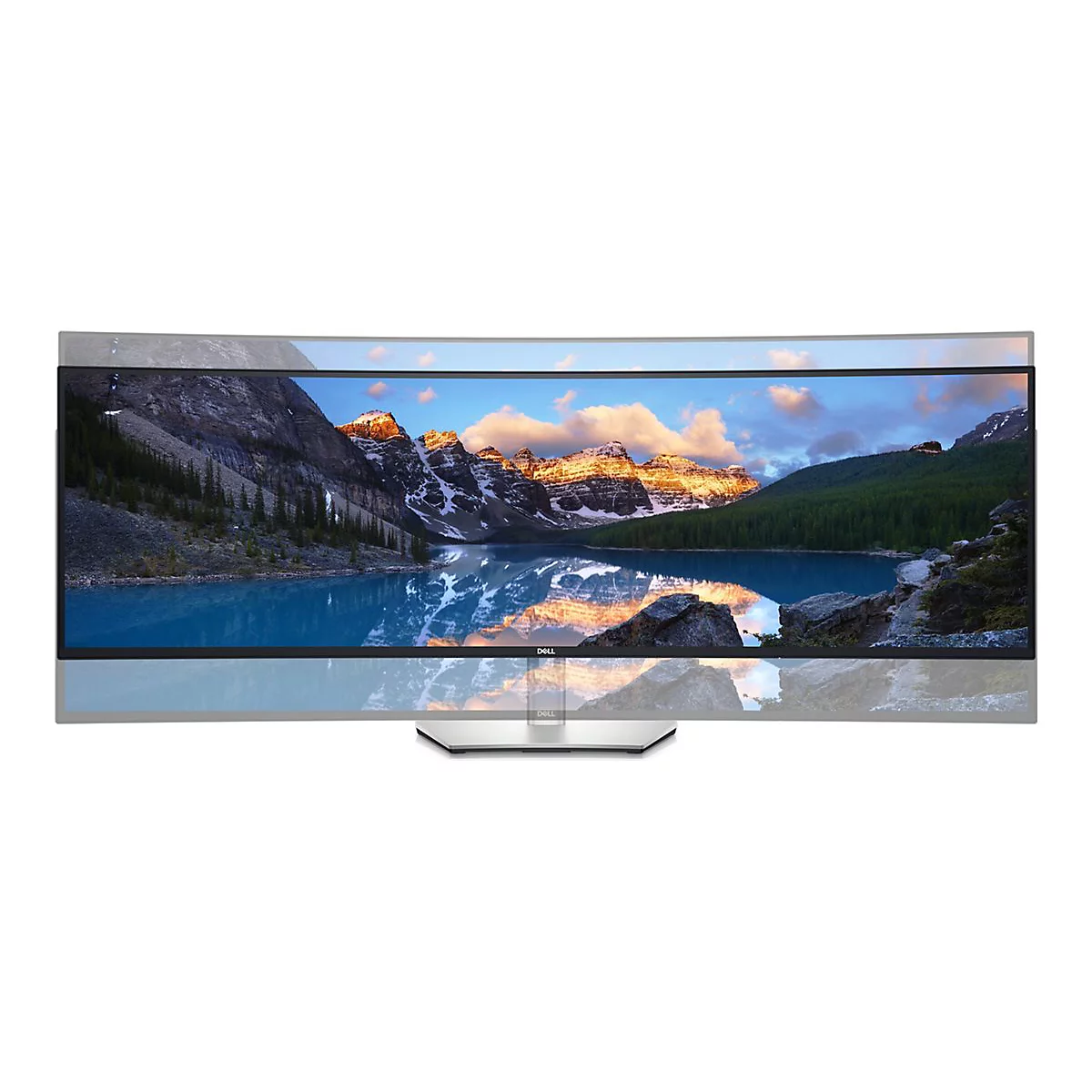 Gebogener Dell Monitor mit Gebirgslandschaft. Flacher, silberner Standfuß. Schwarzer Rahmen, blaues Display.