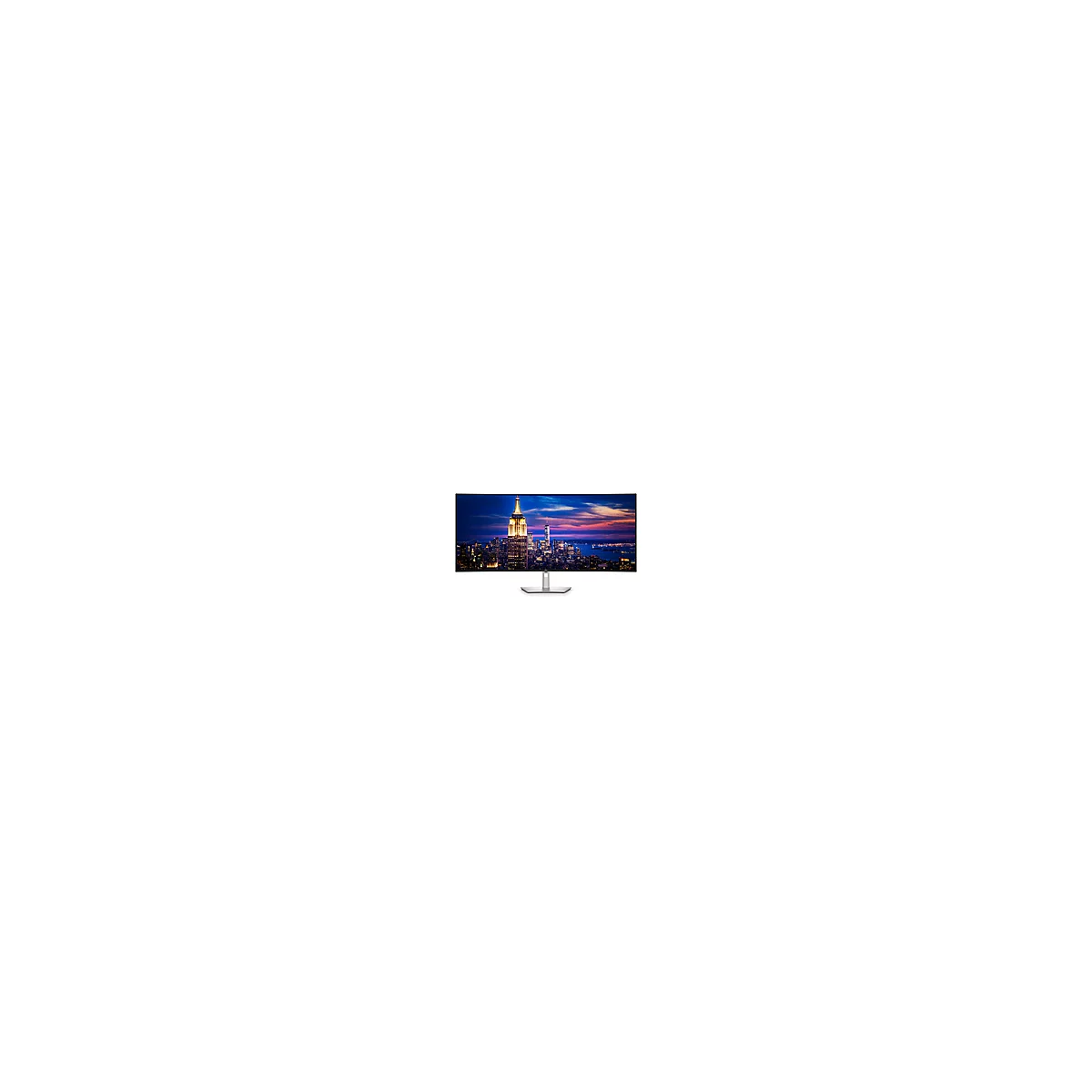 Ein Panorama-Monitor mit gebogenem Bildschirm zeigt eine nächtliche Skyline von New York City.