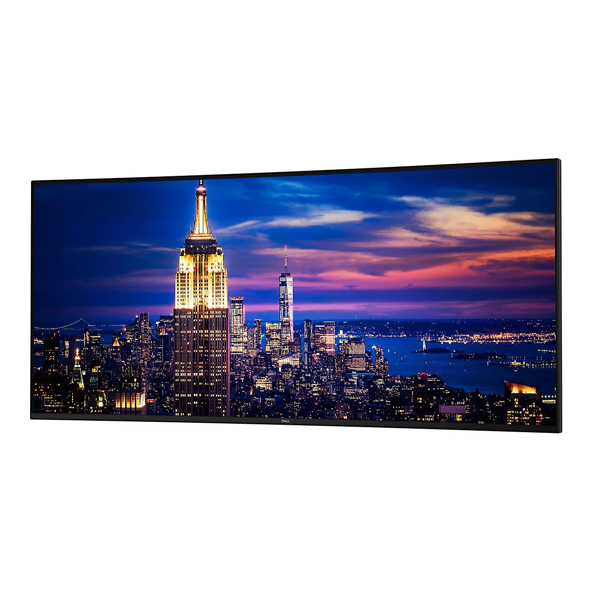 Breiter Dell Monitor mit dünnem Rand, der ein nächtliches New York Skyline-Panorama zeigt.