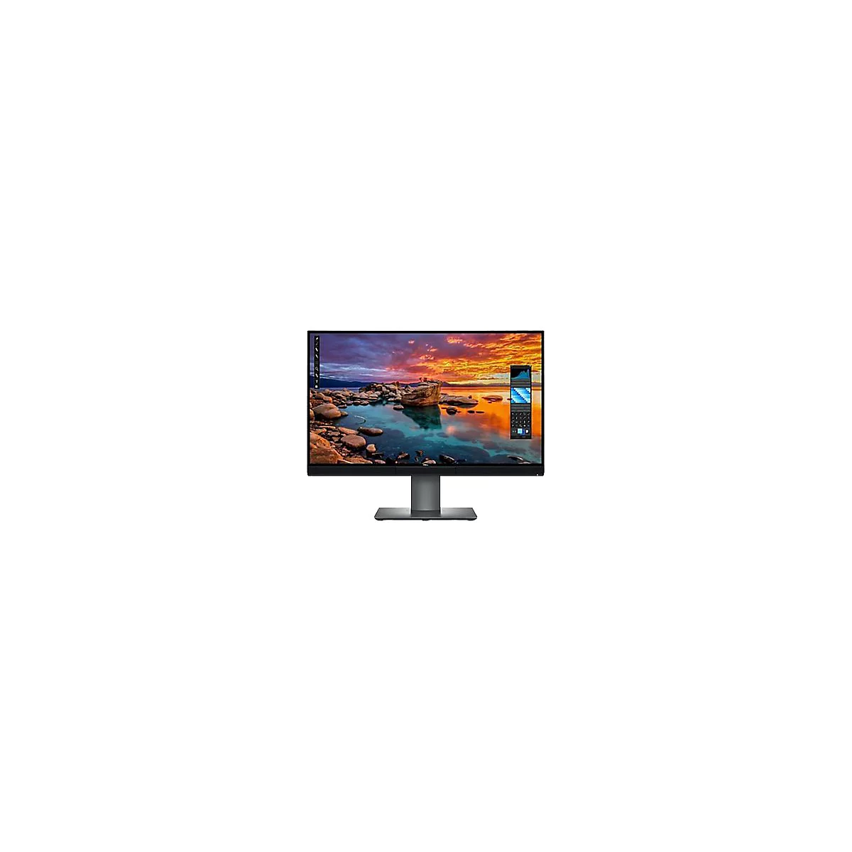 Ein Monitor, der ein farbenfrohes Seelandschaft-Bild anzeigt, mit Werkzeugleiste links und Bedienfeld rechts.