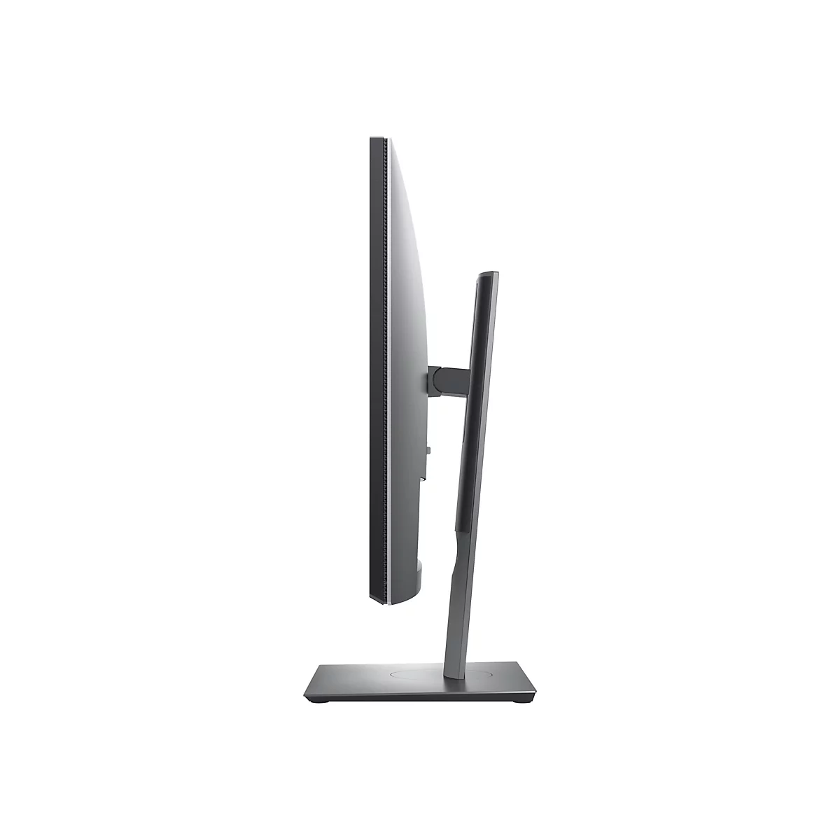 Ein Computermonitor in Seitenansicht, grau, mit schwarzem StÃ¤nder. Der Bildschirm ist schmal und rechteckig.