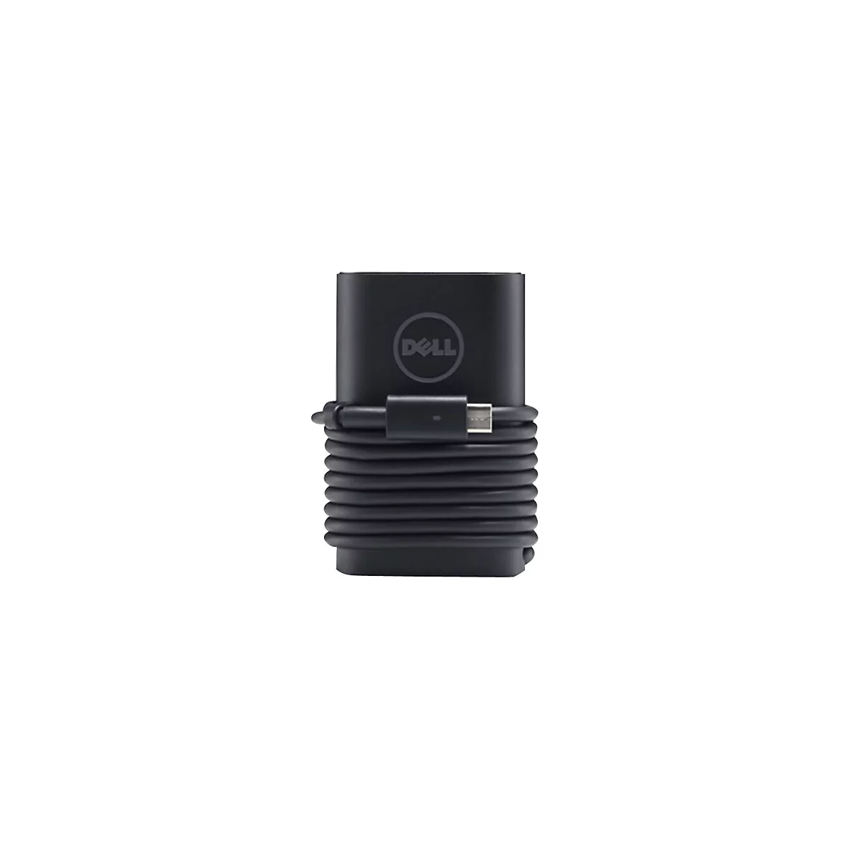 Schwarzes Dell LadegerÃ¤t mit gewickeltem Kabel, USB-C Anschluss.