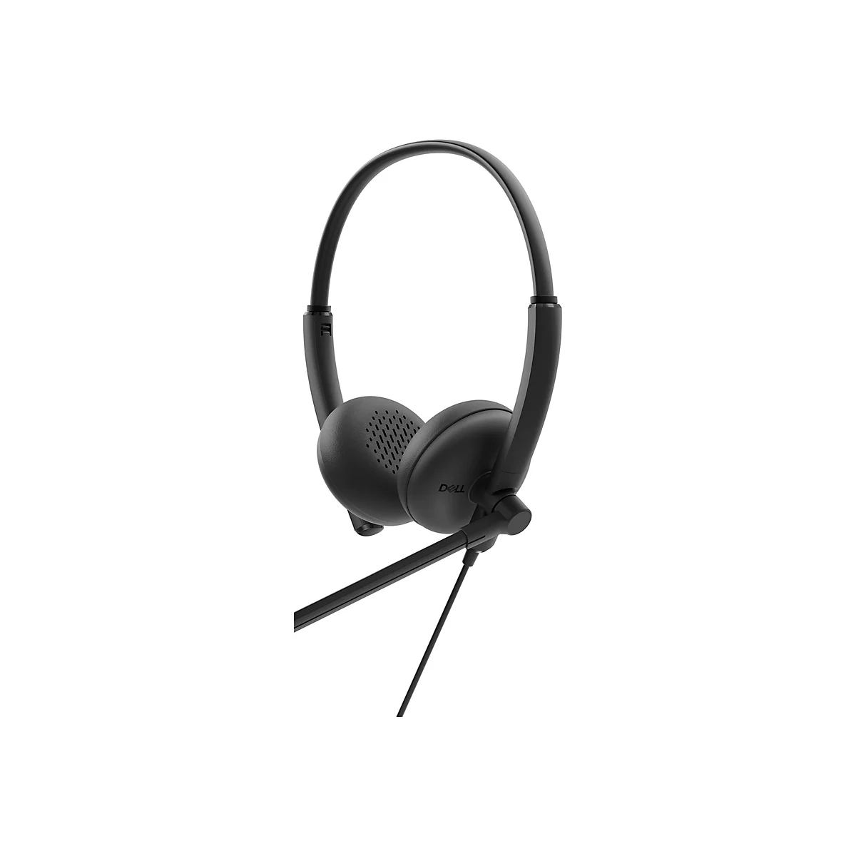 Schwarzes Dell-Headset vor weißem Hintergrund. Der Bügel verläuft über dem Kopf, zwei Ohrmuscheln und ein Mikrofon sind erkennbar.