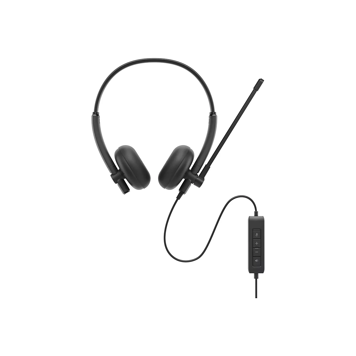 Casque noir avec microphone et câble, sur fond blanc.