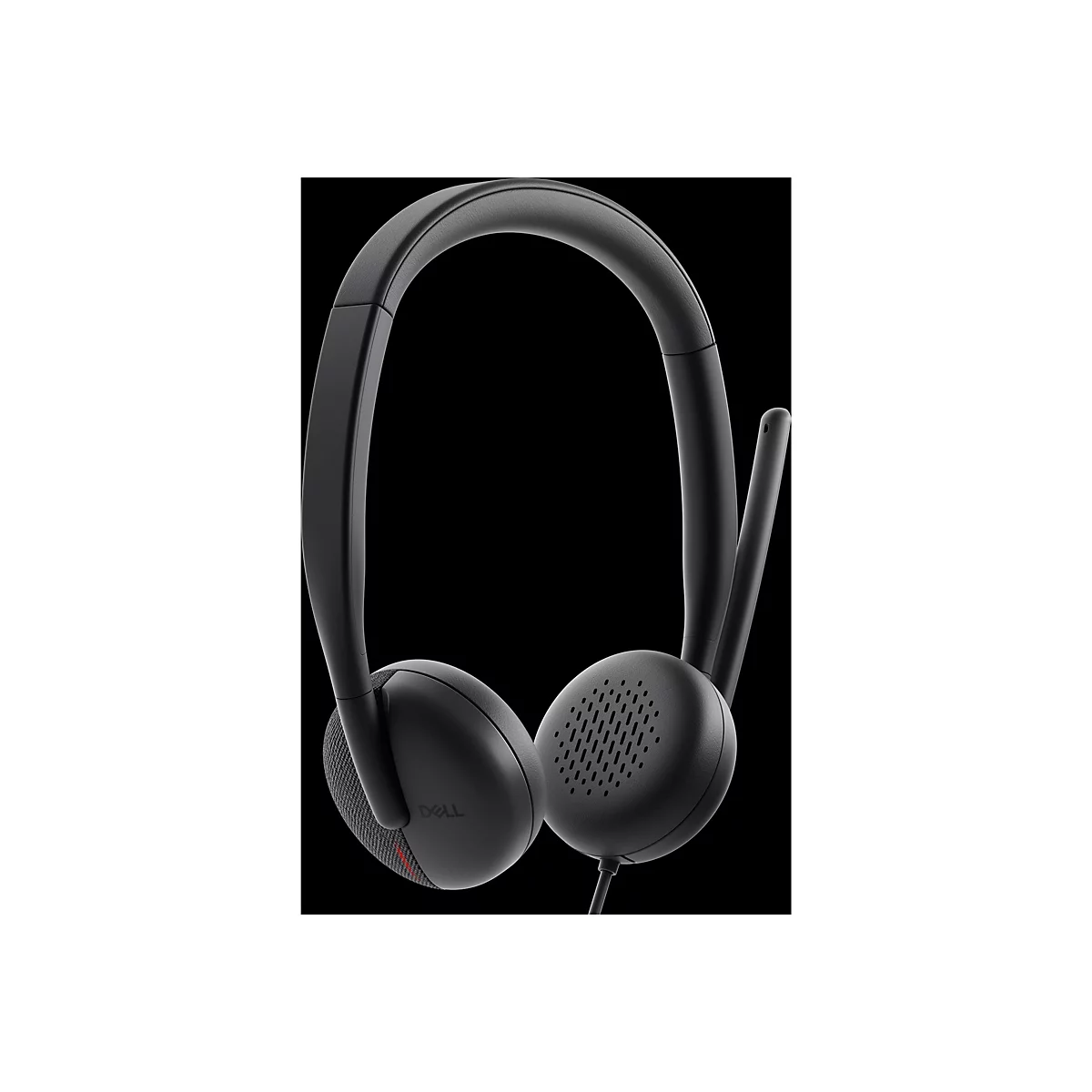 Schwarzes Dell-Headset mit Mikrofon auf schwarzem Hintergrund.
