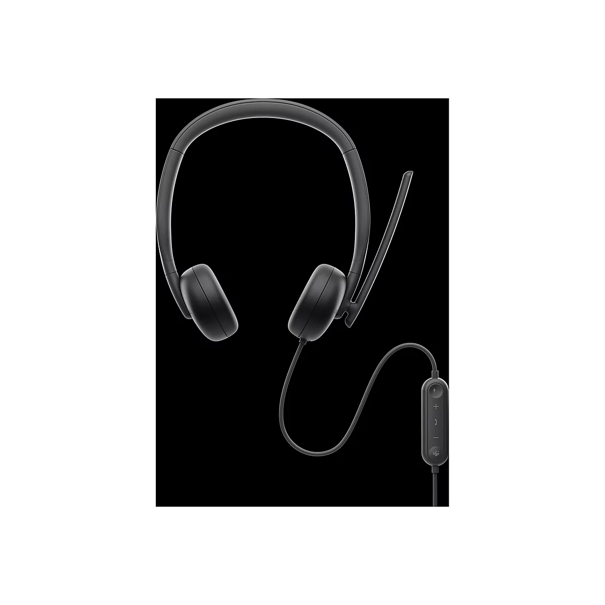 Schwarzes Headset mit Mikrofon und Kabel, an dem sich ein Bedienfeld mit Tasten befindet.