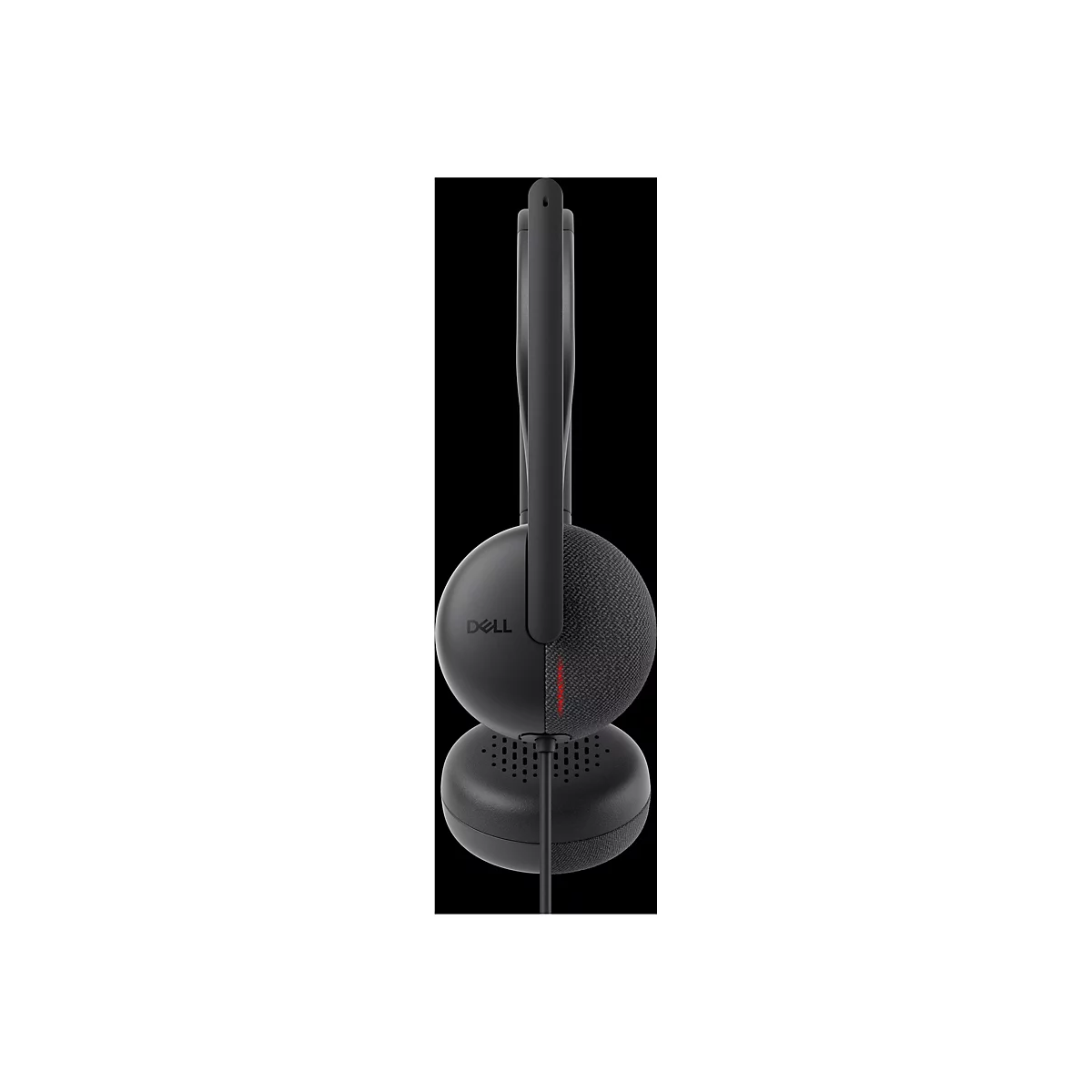Schwarzes Dell Headset, Seitenansicht. Ein roter Streifen betont das Design.