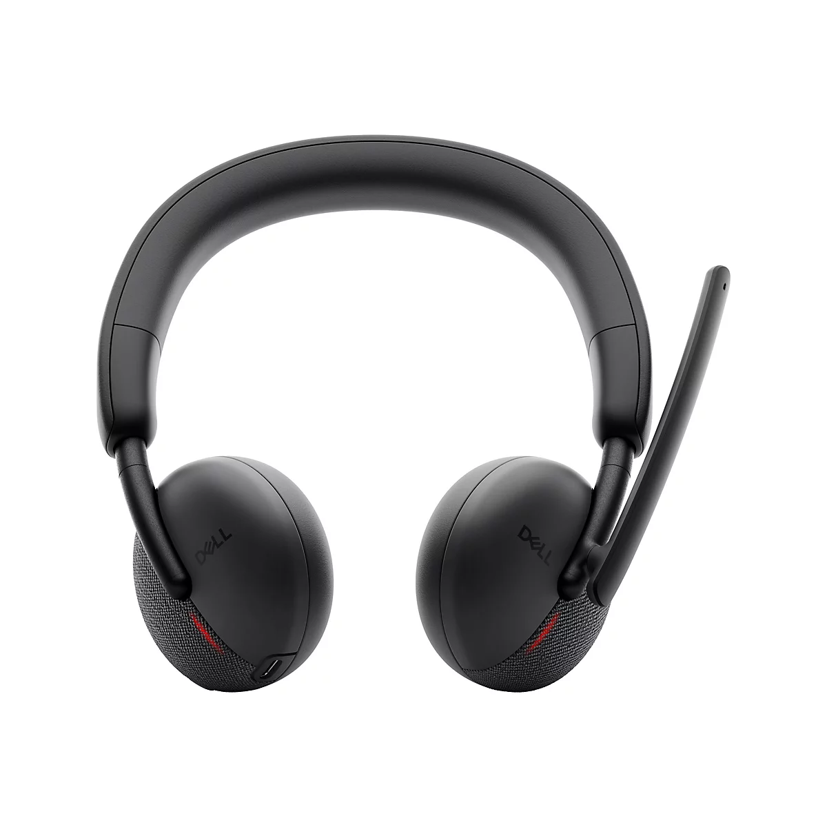 Schwarzes Dell-Headset mit Bügel, Ohrmuscheln und Mikrofon. Die Ohrmuscheln sind mit rotem Stoff verziert.