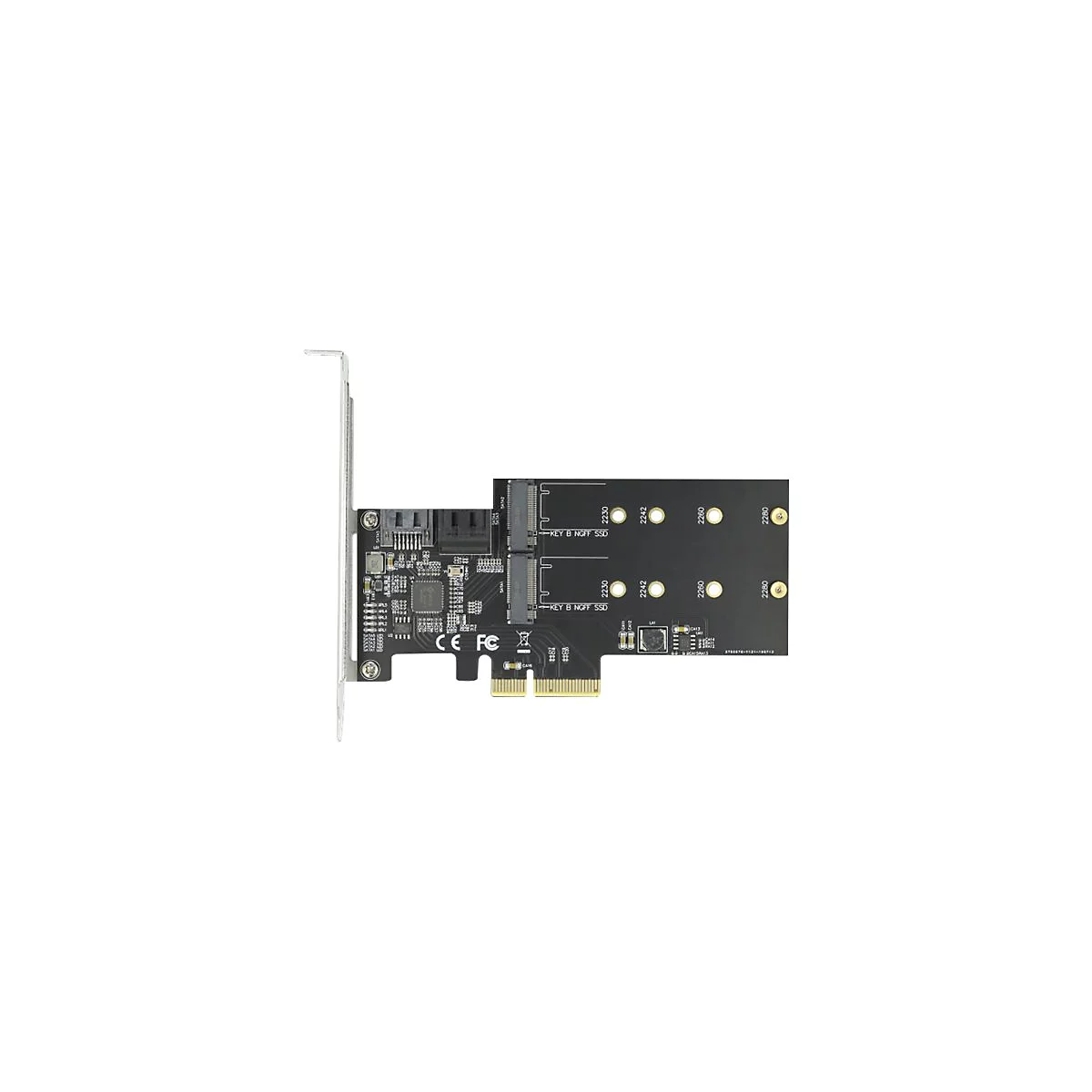 Schwarze PCIe-Erweiterungskarte für zwei M.2 SSDs mit Metallblende auf weißem Hintergrund.