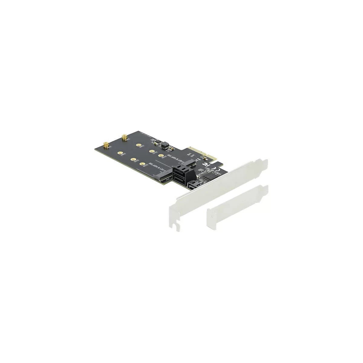 Schwarze M.2 SSD-Adapterkarte mit PCIe-Anschluss und Metall-Slotblech vor weißem Hintergrund.