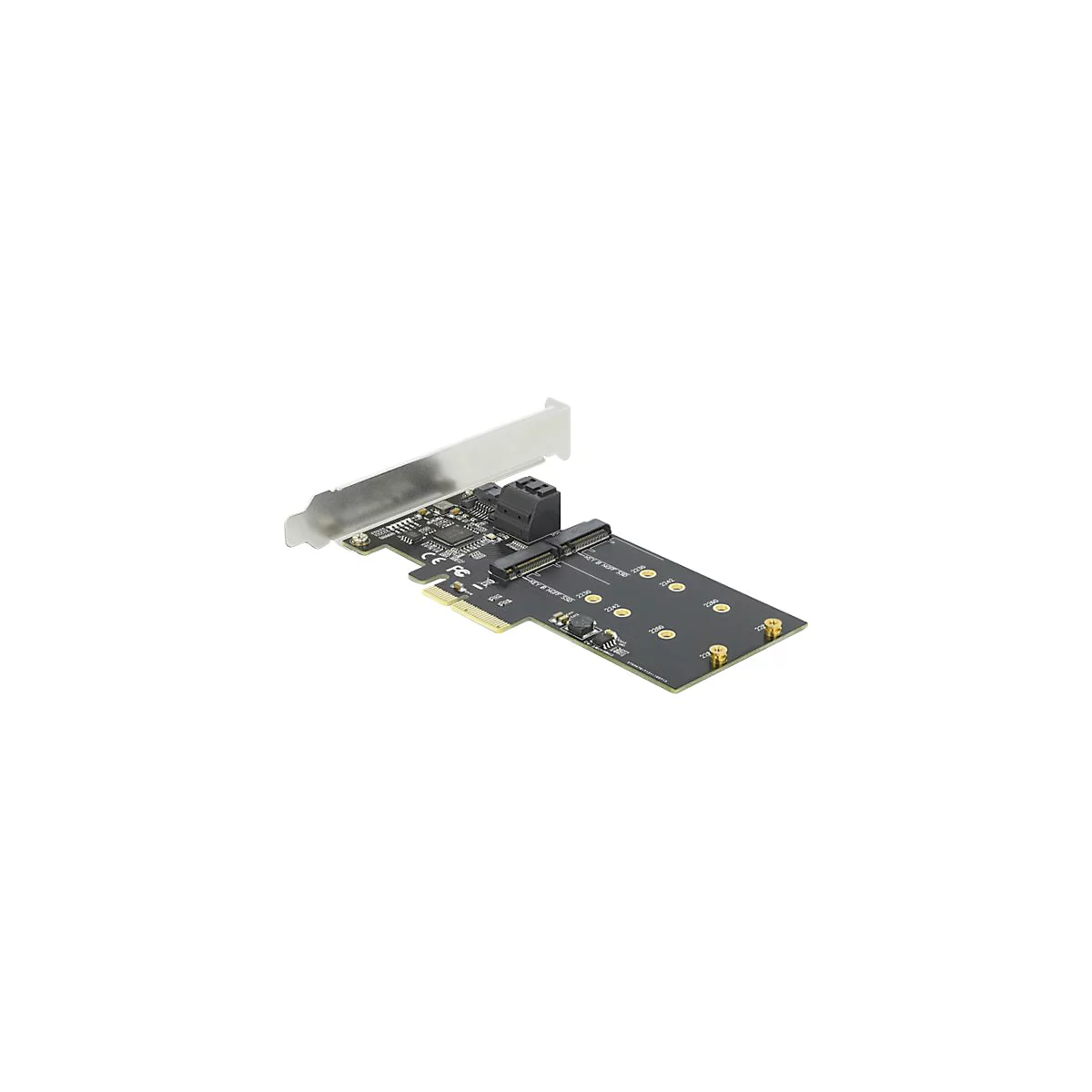 PCIe-Adapterkarte mit schwarzer Platine, silberner Blende und Anschlüssen für M.2 SSDs.