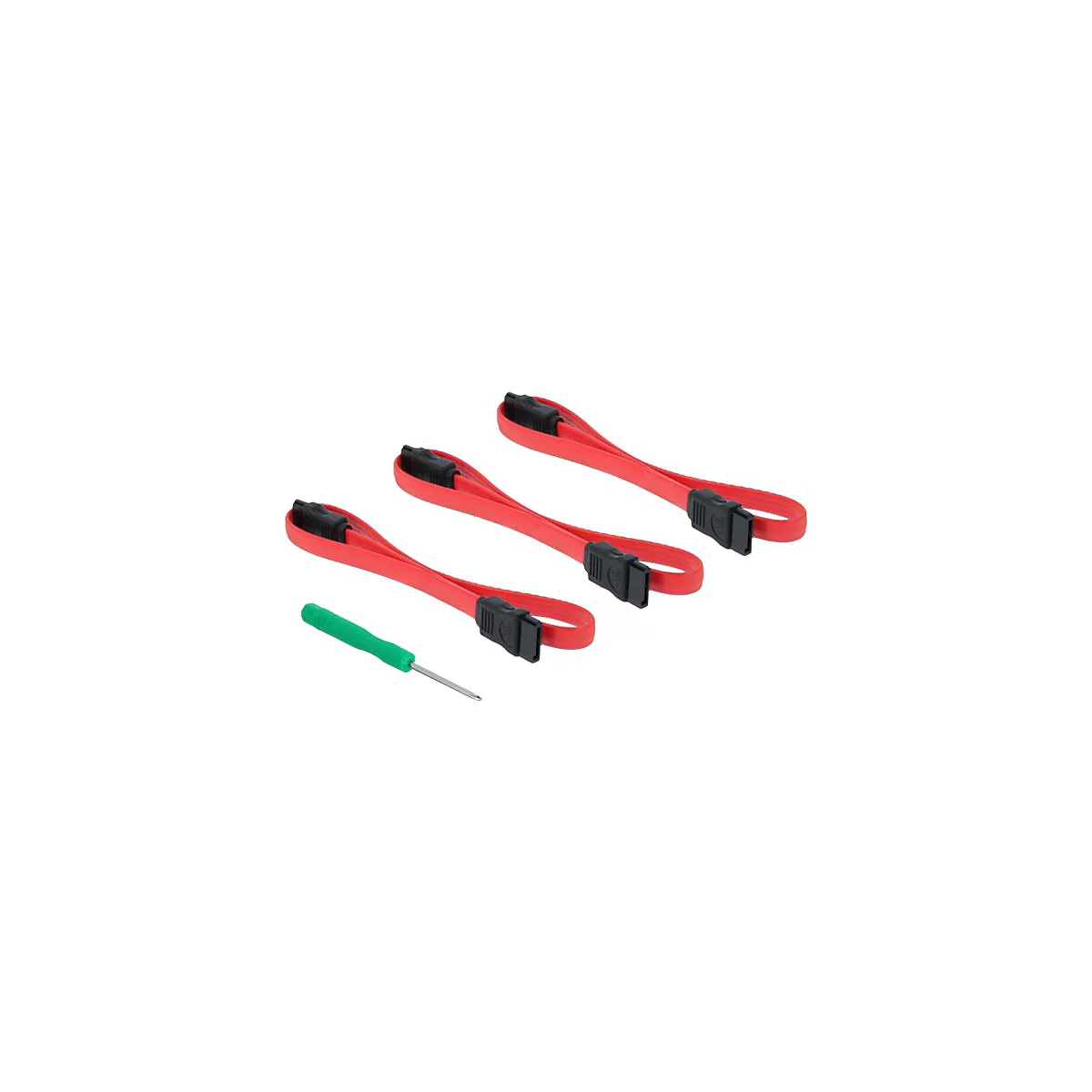 Drei rote SATA-Kabel mit schwarzen Steckern und ein kleiner grüner Schraubendreher vor weißem Hintergrund.