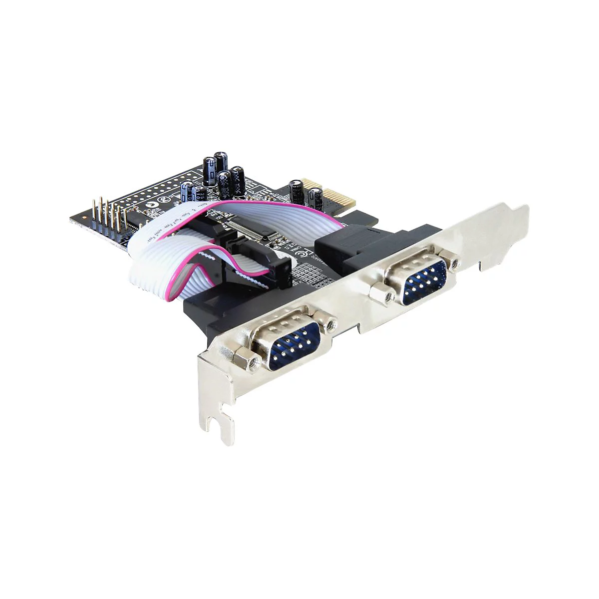 Eine Computer-Erweiterungskarte mit zwei seriellen Anschlüssen, schwarzen und grauen Elementen und einem weißen Flachbandkabel.