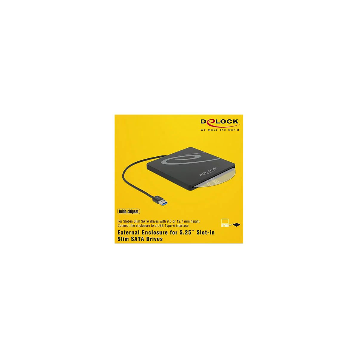 Schwarzes externes Festplattengehäuse von Delock mit USB-Kabel vor gelbem Hintergrund.