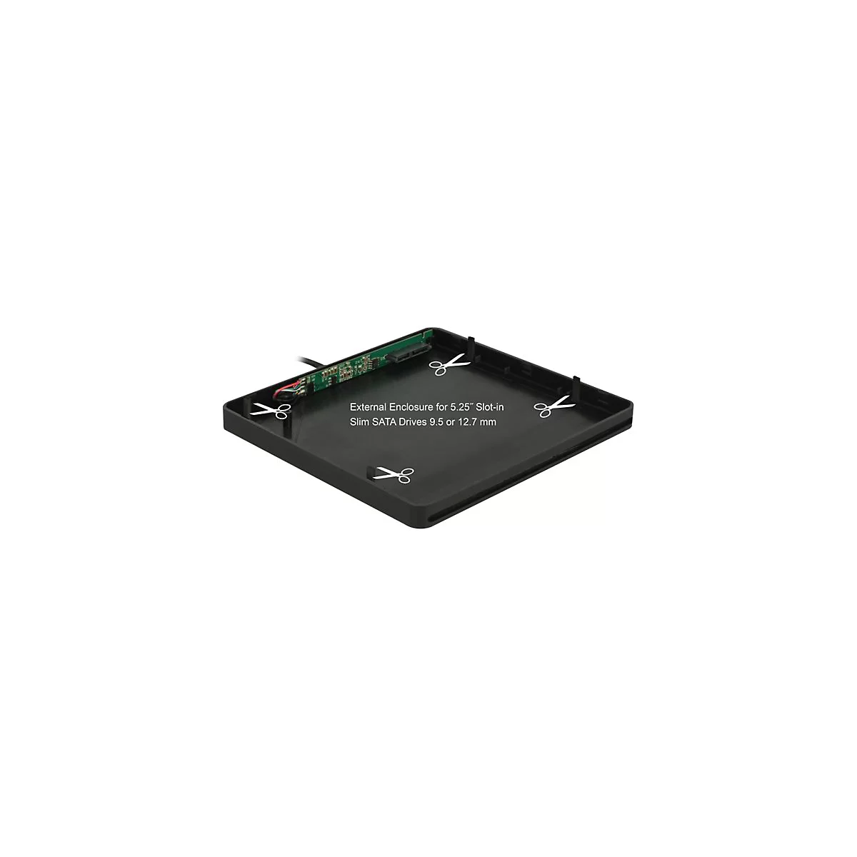 Schwarzes Gehäuse für 5,25 Zoll SATA-Laufwerke mit vier Scherensymbolen und erklärendem Text.
