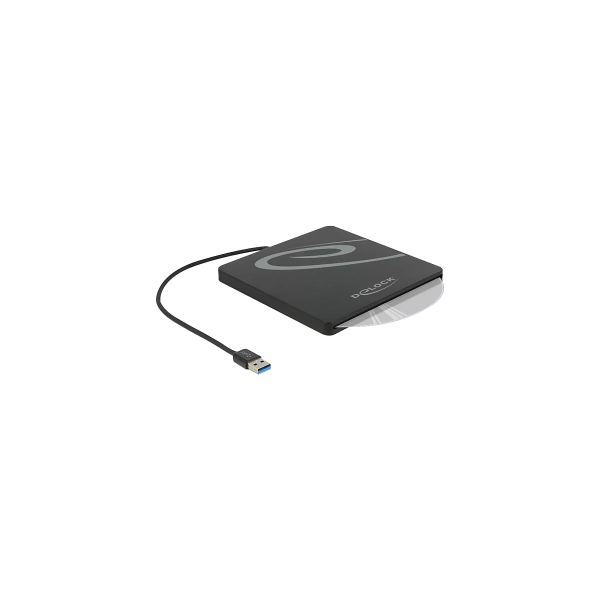 Schwarzes externes CD-DVD-Laufwerk von Delock mit USB-Kabel auf weißem Hintergrund.