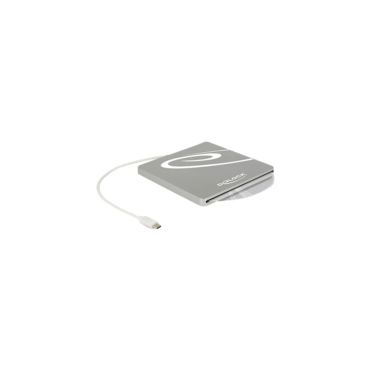 Externes silbernes Delock CD-Laufwerk mit USB-C-Kabel und eingelegter Disc.