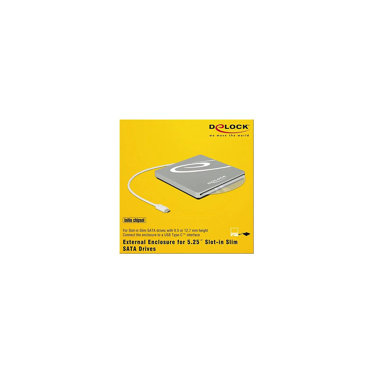Externes Gehäuse für Slim SATA-Laufwerke mit USB Type-C Anschluss auf gelbem Hintergrund.