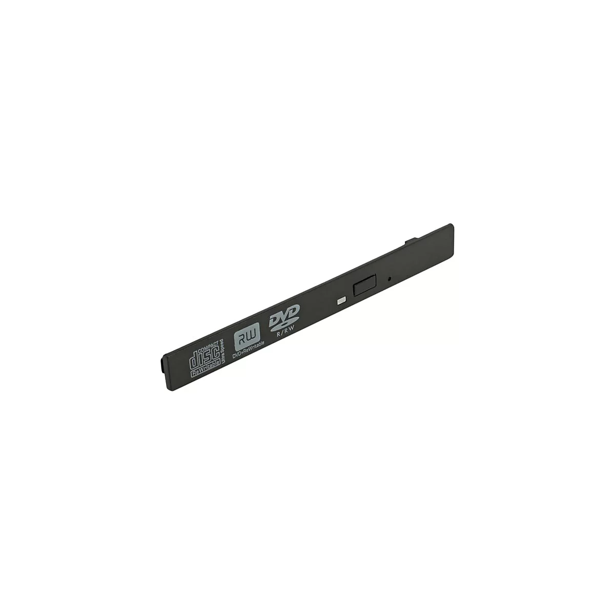 Schwarze Frontblende eines optischen DVD-Laufwerks mit Disc-Symbolen und Auswurftaste.