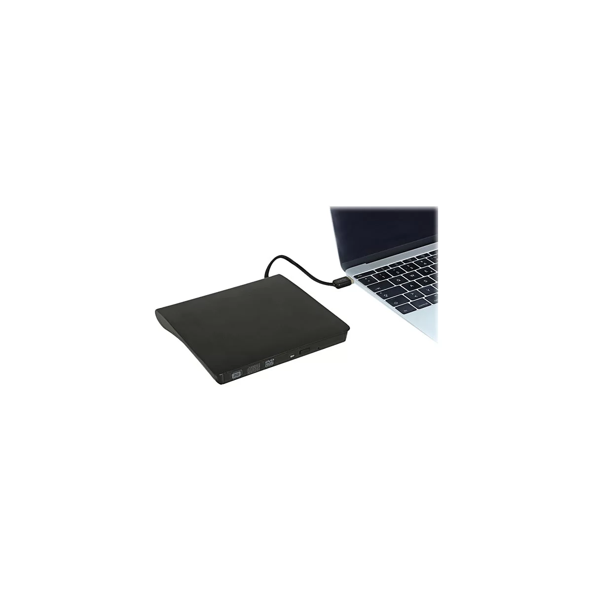 Ein schwarzes, externes DVD-Laufwerk ist per USB-Kabel mit einem silbernen Laptop verbunden.