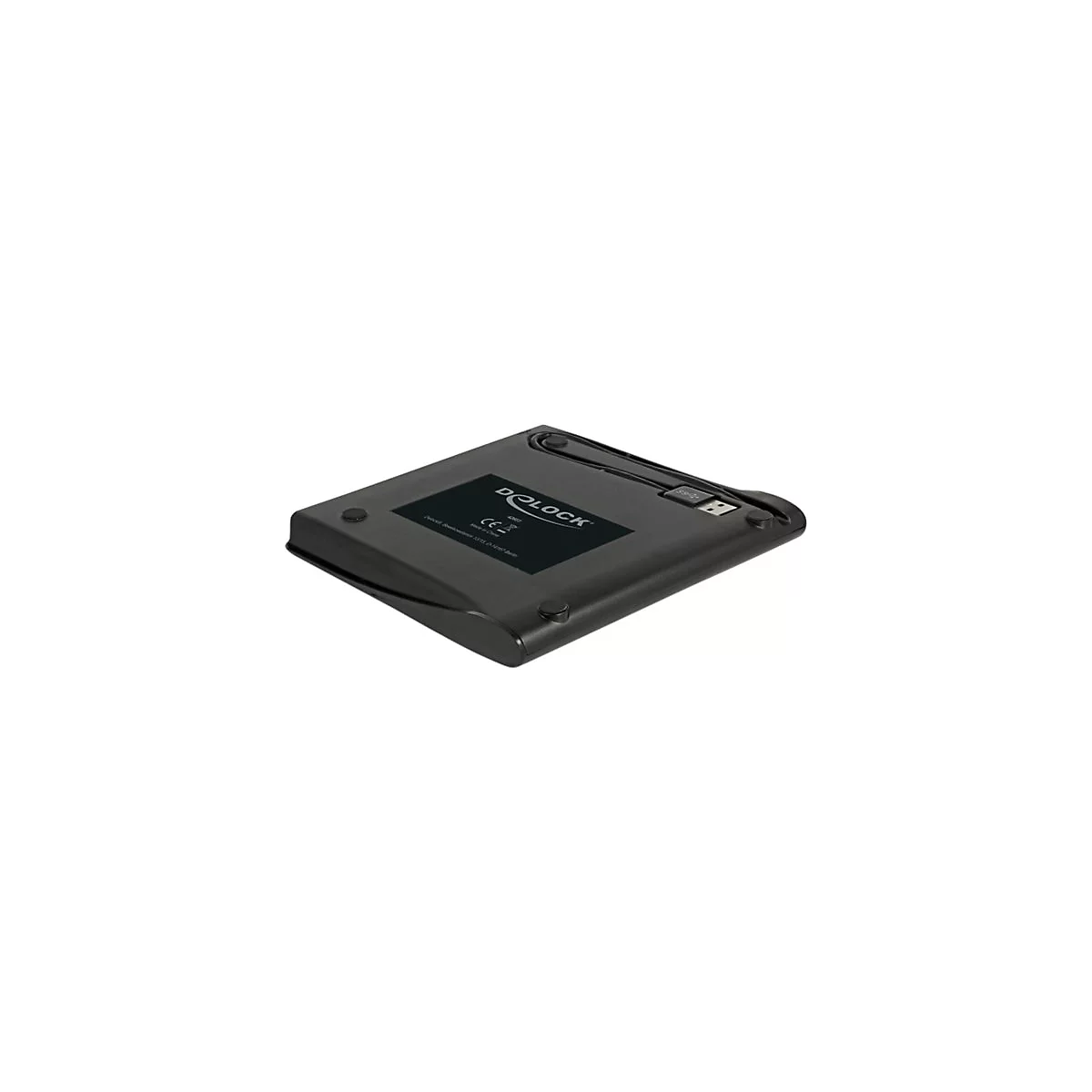 Schwarzes externes Laufwerk von unten gesehen, mit integriertem USB-Kabel und Typenschild.
