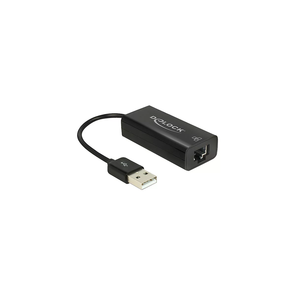 Schwarzer USB-zu-Ethernet-Adapter mit RJ45-Anschluss. USB-Stecker angeschlossen, Markenschriftzug.